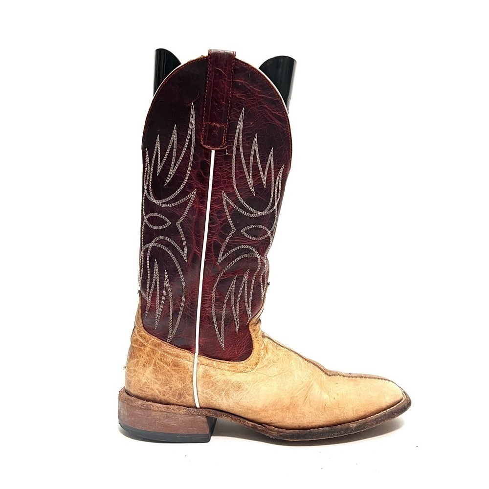 Vintage 1990s men’s tan and dark red leather square toe mid calf cowboy boots